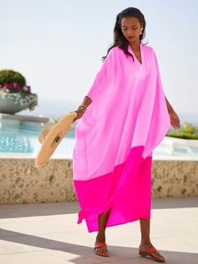 The Rose Ibiza Bicolor Tunica Caftan Long Dress Silk Boho Resort Pink Fuschia L